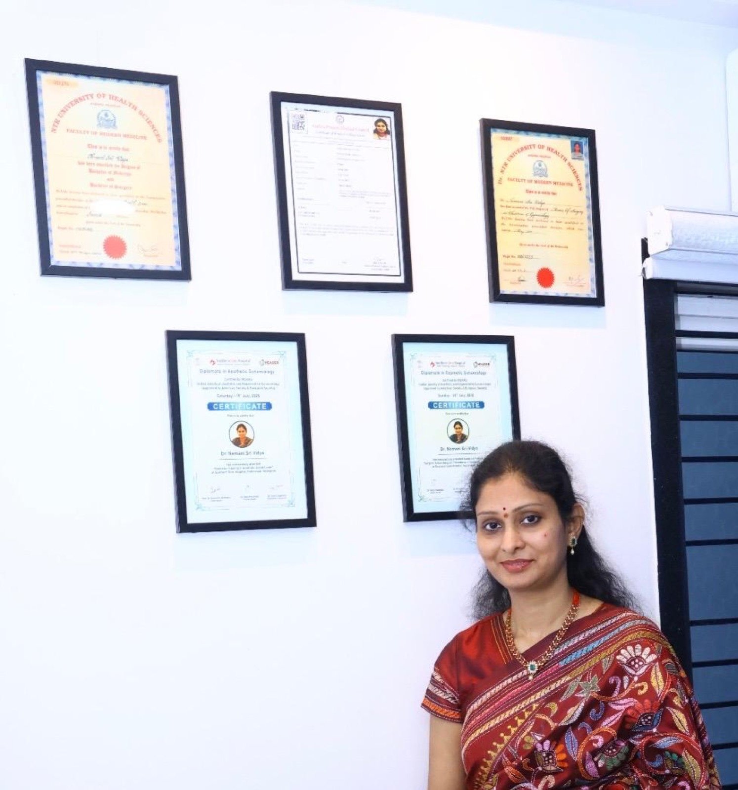 Dr. Srividya's medical degree and fellowship certificates